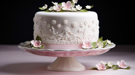  a close up of a cake on a plate with flowers on the top of the cake and on the bottom of the cake stand.