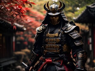 A samurai portrait in the Japanese garden background