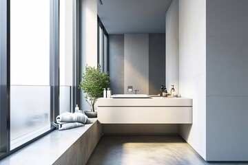 Fototapeta na wymiar Modern Bathroom Interior with Ocean View