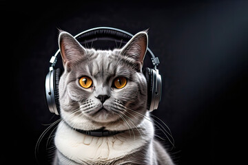 British shorthair cat wearing headphones isolated on black background. Listen to music. Cover for design of music releases, albums and advertising. Music lover background. DJ concept. - Powered by Adobe
