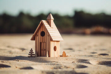 Obraz na płótnie Canvas Small toy wooden house on ocean beach