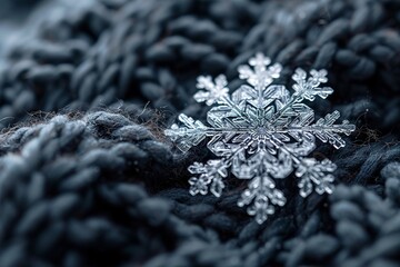 Macro Snowflake on Dark Woolen Fabric in Monochrome
