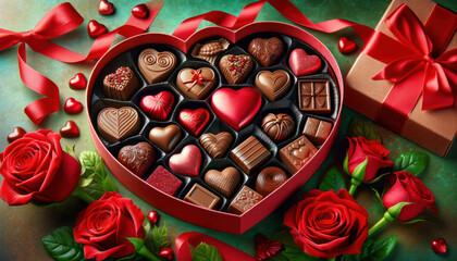 Romantic Valentine's Day Chocolate Box and Red Roses