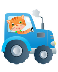 Red cat driving blue toy tractor.