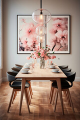 Wooden dining table with chairs in a minimalist dining room with paintings on the wall
