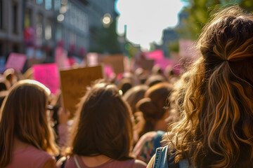 Feminine movement for women's rights with demonstrating women