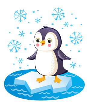 Little cute penguin on the ice with snowflakes
