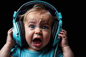 Baby child emotions wearing headphones isolated on black background. Listen to music. Cover for design of music releases, albums and advertising. Music lover background. DJ concept.