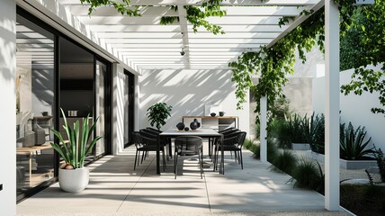 A sleek minimalist patio featuring a white pergola, a stylish black dining set, and potted plants,...