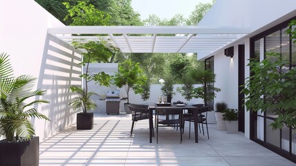 A sleek minimalist patio featuring a white pergola, a stylish black dining set, and potted plants, combining simplicity with modern outdoor elegance.