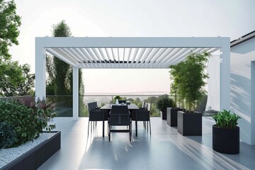 A sleek minimalist patio featuring a white pergola, a stylish black dining set, and potted plants, combining simplicity with modern outdoor elegance.