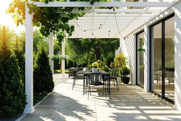 A sleek minimalist patio featuring a white pergola, a stylish black dining set, and potted plants, combining simplicity with modern outdoor elegance. - obrazy, fototapety, plakaty