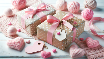 Fototapeta na wymiar Wrapped with Love Handcrafted Gifts and Hearts