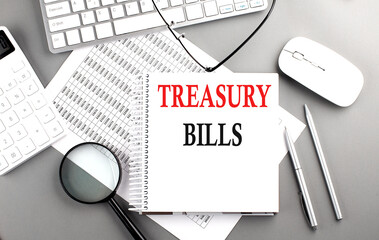 TREASURY BILLS text on notebook with clipboard and calculator on a chart background