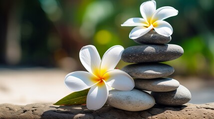 A stack stone with frangipani and plumeria on top of a tree background. a pyramid-shaped rock cairn filled with pebbles that represent spiritual stability and calmness during meditation. a