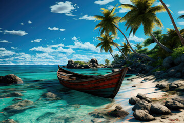 Fototapeta premium Boat on the transparent will of the ocean or sea. The concept of travel and summer holidays