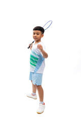 Badminton racket and badminton shuttlecock. Portrait Young Asian cute boy standing on white background banner. Sport man