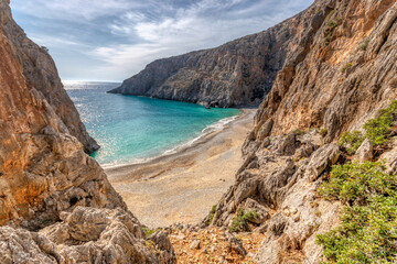 Fototapeta na wymiar Aerial view of tropical island, beautiful beach, turquoise lagoon and rocks. Travelling and holiday concept. Agio Farango beach. Crete.