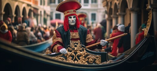 Venetian gondolier in traditional costume during carnival. Cultural event and costume. Banner. - obrazy, fototapety, plakaty