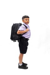 Side view. Thai school uniform with backpack bag. Portrait Young Asian cute boy standing on white studio  background banner. Back to school.