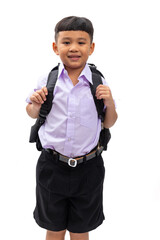 Thai school uniform with backpack bag. Portrait Young Asian cute boy standing on white background banner. Back to school.