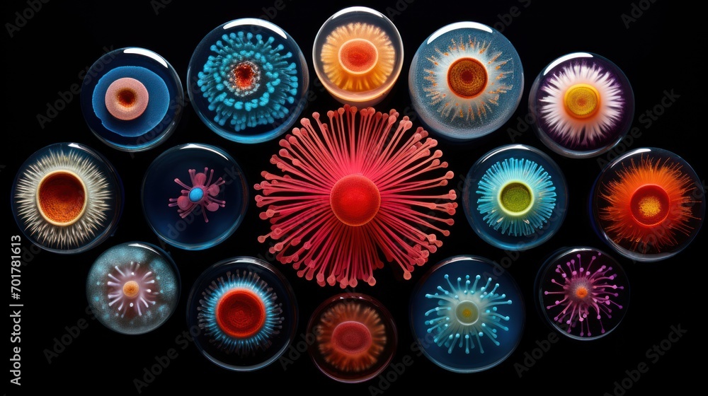 Poster a group of different colored vases sitting next to each other on a black surface in front of a black