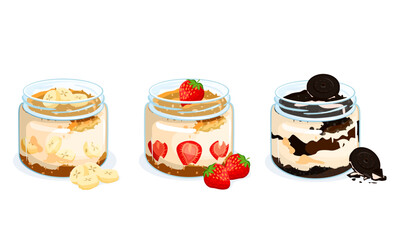 Dessert varieties, magnolia with banana, strawberry, biscuit.