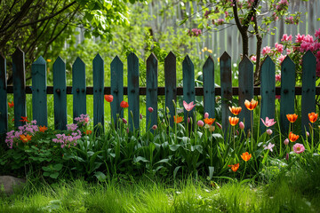Spring Garden with Tulips by Wooden Fence