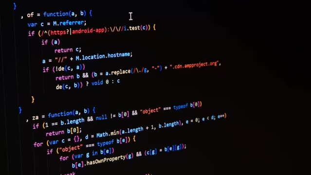 Code. Colorful jsx javascript computer programming code scroll close up pixel detail shot 4K super macro on screen.
