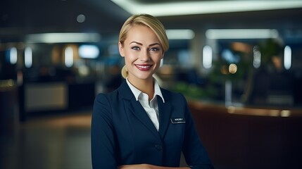 At the airport terminal, there are female staff members smiling