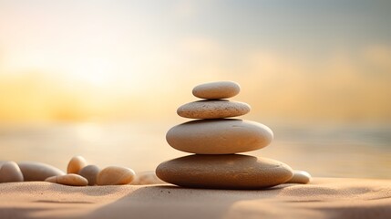 The art of balance is represented by stacks of zen stones and sand in the background. - obrazy, fototapety, plakaty
