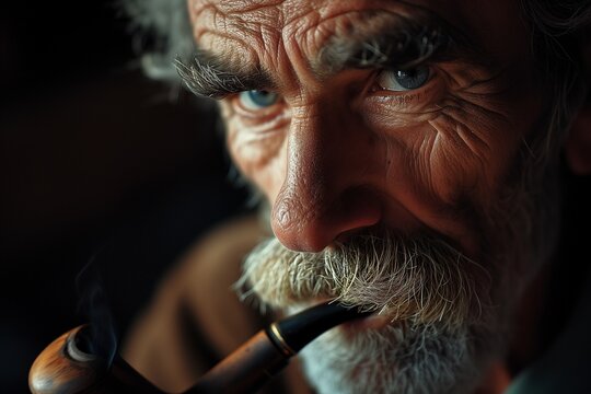 Contemplative Moments: Close-Up Portrait of a Man with a Pipe
