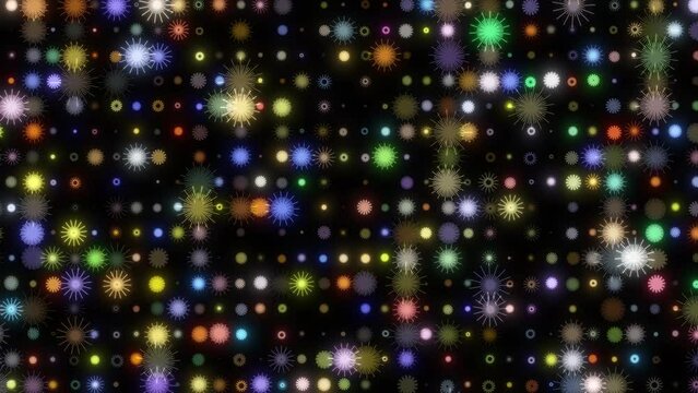 Multi Colorful Circle Shape Animation Like Flower Randomly Moving And Blinking On Dark Background, Animation Of Digital Glowing Random Circle Blinking And Moving On Dark Background, High Tech Glowing 