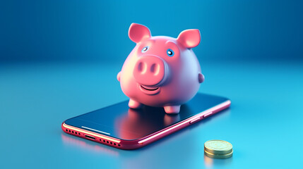Flying Piggy Bank Escapes Phone in a Digital Currency Concept on Vibrant Blue Background, Symbolizing Innovation and Financial Freedom.