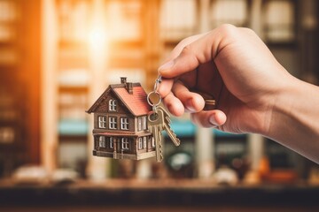 Real estate concept. A man's hand holds the keys with a keychain in the shape of a house for a new apartment. In the background is a new multi-storey building.
