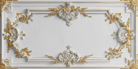 Fototapeten panneau blanc et vierge décoré de moulures blanches et dorées, encadrement de luxe © Fox_Dsign