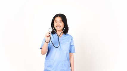 Young Asian female doctor smile and holding the stethoscope isolated on white background