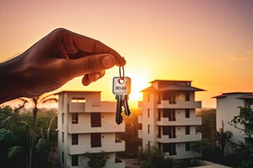 Real estate concept. A man's hand holds the keys to a new apartment or house. Against the background of the building. Close-up. Blurred background.
