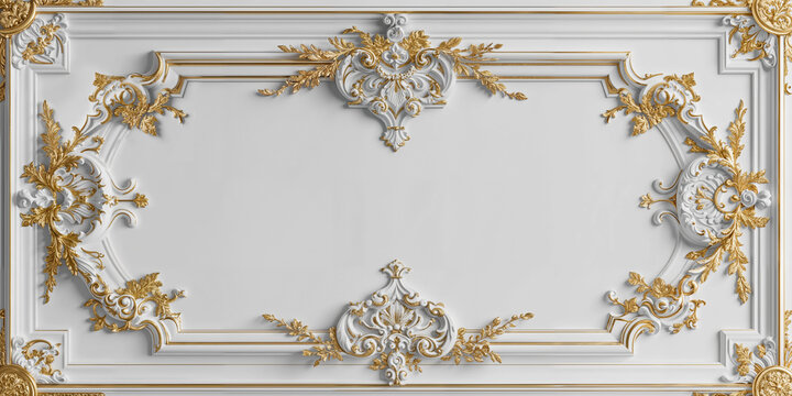 panneau blanc et vierge d&eacute;cor&eacute; de moulures blanches et dor&eacute;es, encadrement de luxe