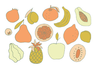 Fruits icons set. Natural tropical fruits isolated on white background. Collection of organic vitamins and healthy nutrition. Food is vegan. Vector illustration.
