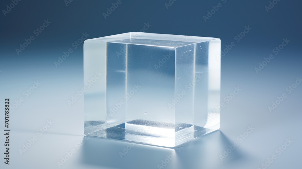 Poster a clear square object sitting on top of a white counter top in the middle of a blue and gray backgro