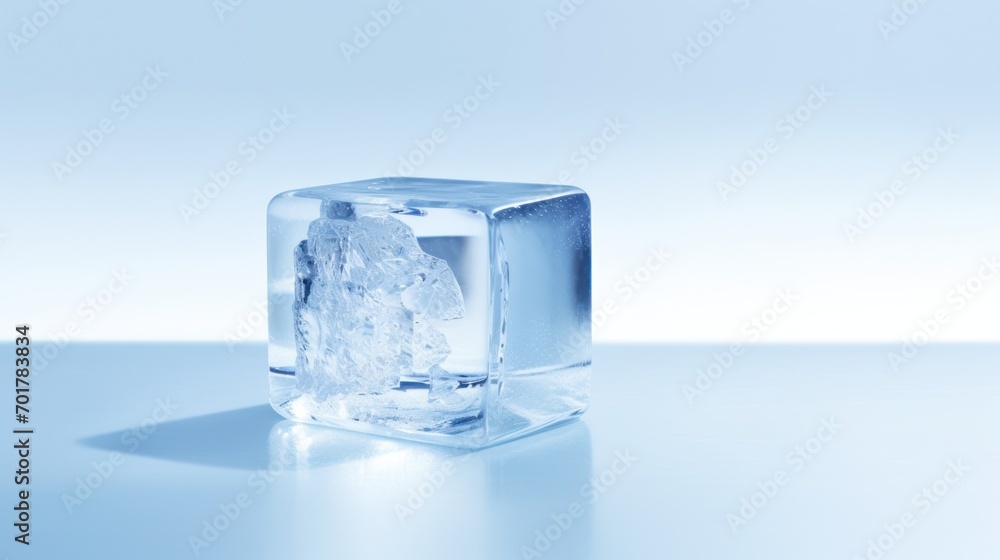 Poster  an ice cube sitting on top of a table next to a glass of water and a slice of ice on top of the table.