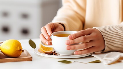 A cup of tea with lemon and cinnamon viewed from the top on a light white surface.