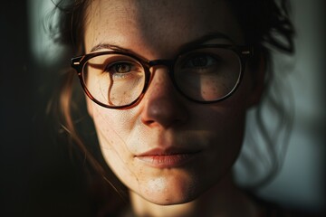 Fototapeta na wymiar Close-up Portrait of a Thoughtful Woman with Glasses, Emphasizing Her Intellectual Expression and Striking Features, Bathed in Soft and Muted Lighting, Accentuating Skin Texture and Delicate Shadows