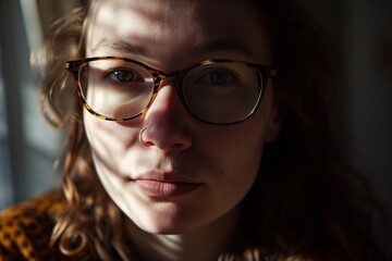 Close-up Portrait of a Thoughtful Woman with Glasses, Emphasizing Her Intellectual Expression and Striking Features, Bathed in Soft and Muted Lighting, Accentuating Skin Texture and Delicate Shadows