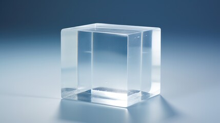  a clear square object sitting on top of a white counter top in the middle of a blue and gray background.