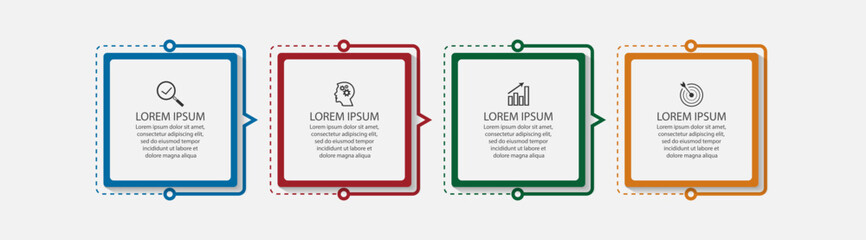 business infographic design 4 parts or steps, there are icons, text and numbers, colorful square design with interconnected color lines, for diagrams, banners and your business workflow