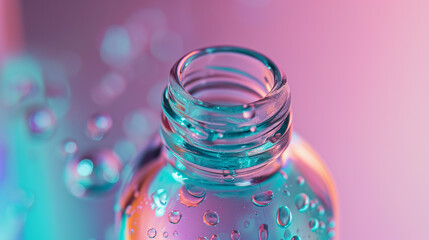 extreme close-up. product photograph. glass bottle with a dropper. cosmetic product for skin care. pastel colors with gradient