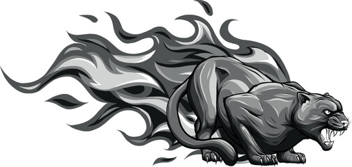 monochromatic Flaming panther vector illustration on white background - obrazy, fototapety, plakaty