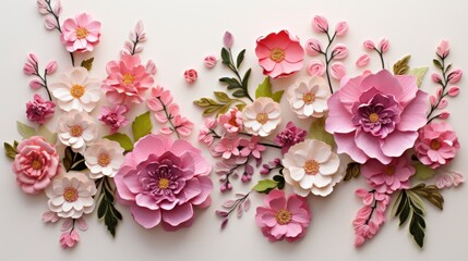  a close up of a bunch of flowers on a white background with pink and white flowers on the side of the wall.